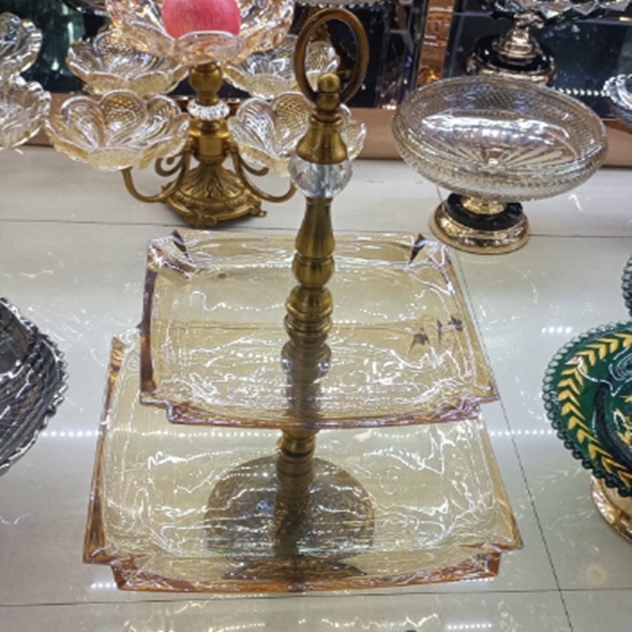حامل كحك وفواكه زجاجي جولد مربع 2 طبقه