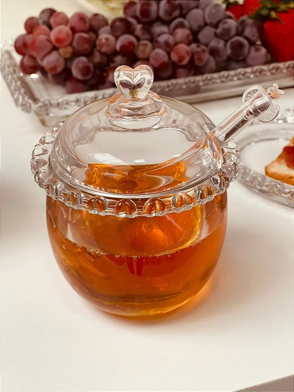 وعاء عسل زجاجي مع مغطس زغطاء قلب ابيض شفاف