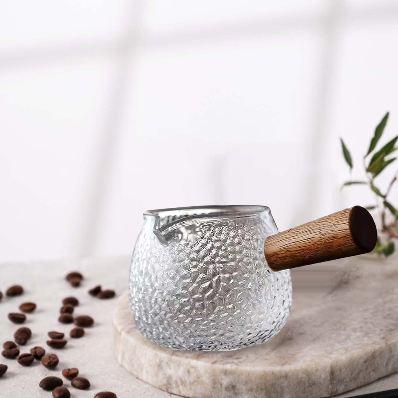 ابريق تقديم الصوصات والقهوه والحليب صغير زجاج بيركس بيد خشبيه 1 حبه 150ML