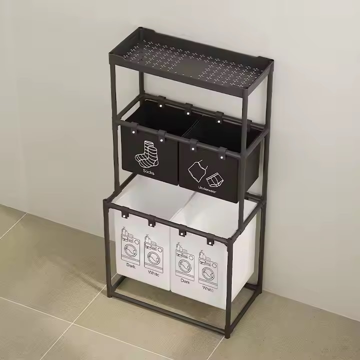 باسكت منظم للغسيل 4*1 قماشي مزود برف معدن