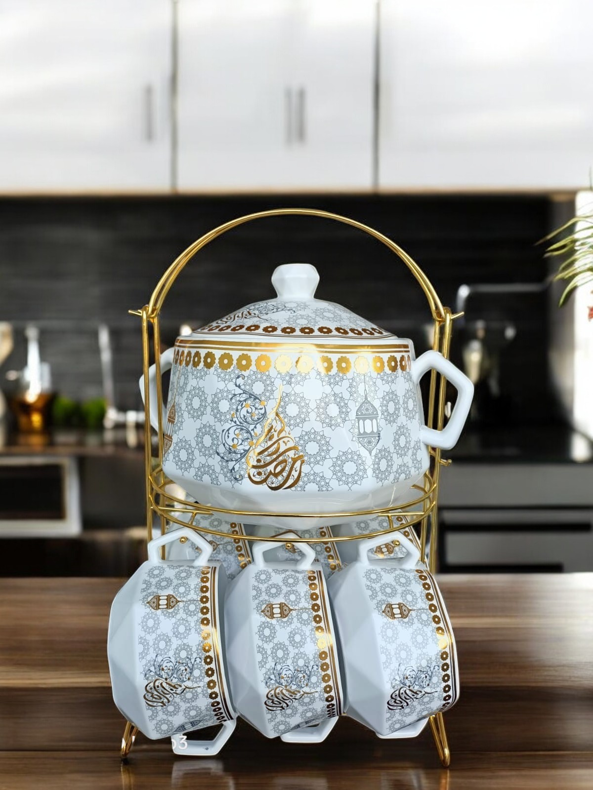 طقم شوربه نقشه جولد رمضان سيراميك 7 حبه بحامل جولد 1-85573