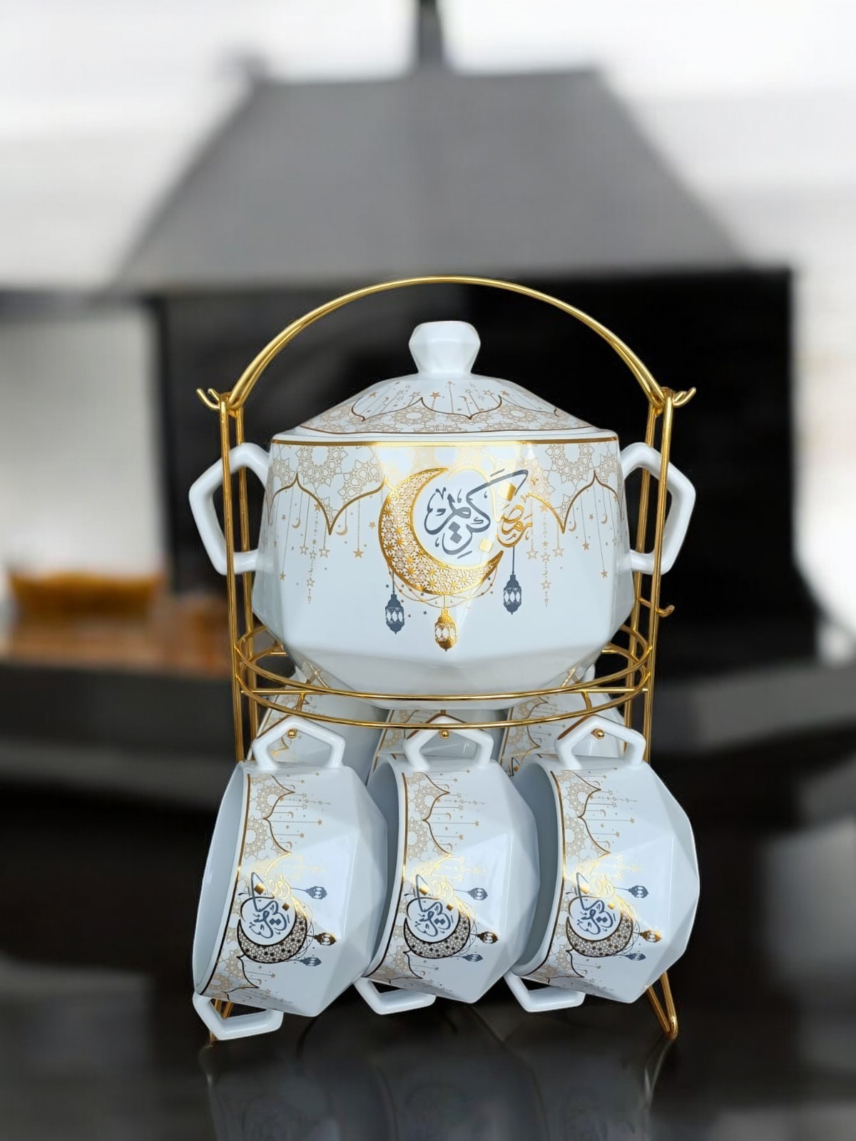 طقم شوربه رمضان نقشه هلال 7 حبه سيراميك بحامل جولد  3-85573