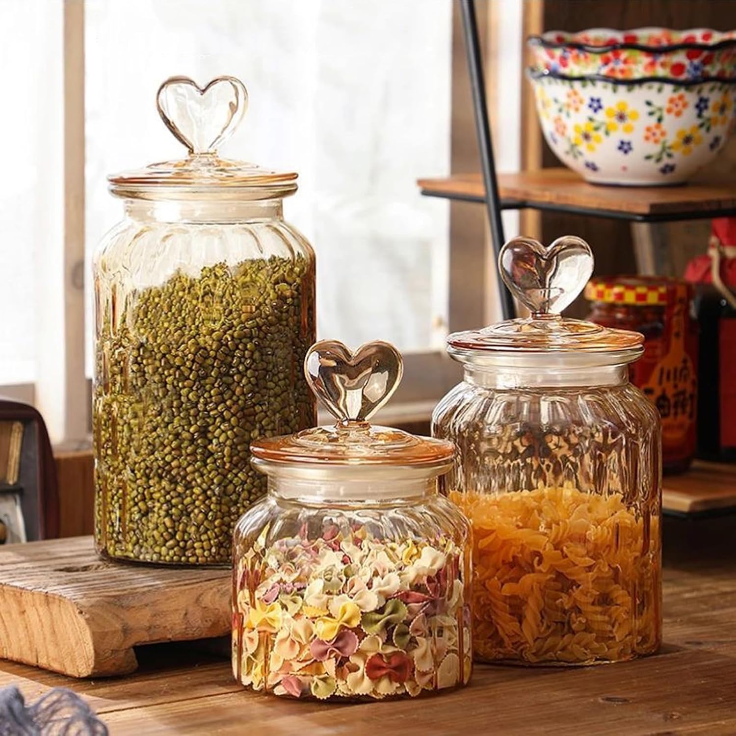 طقم برطمان بقوليات وبهارات زجاجي غطاء قلب 3 حبه