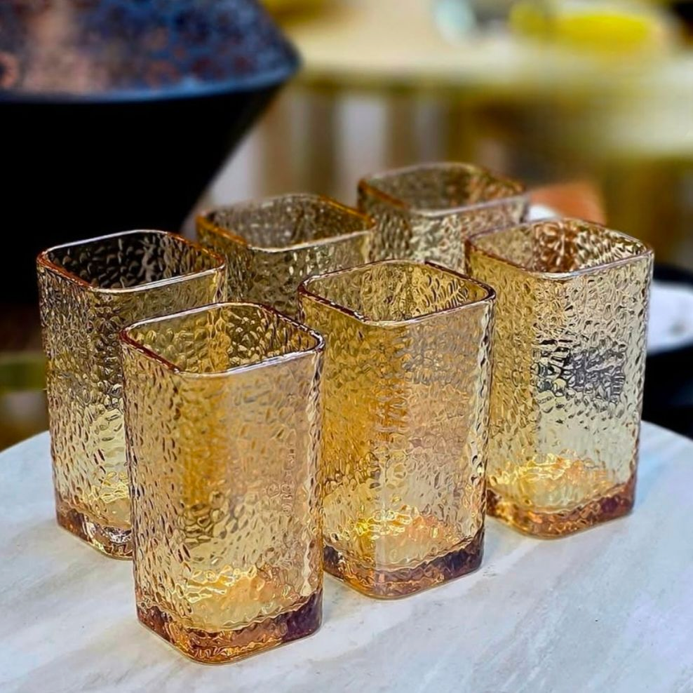 طقم اكواب زجاج جولد مزخرف طويل 6 حبه
