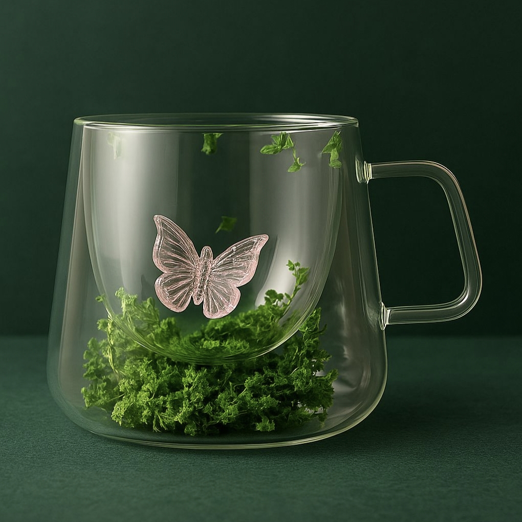 مج زجاج بيركس دبل جلاس ورد و فراشه بارز 250 ml