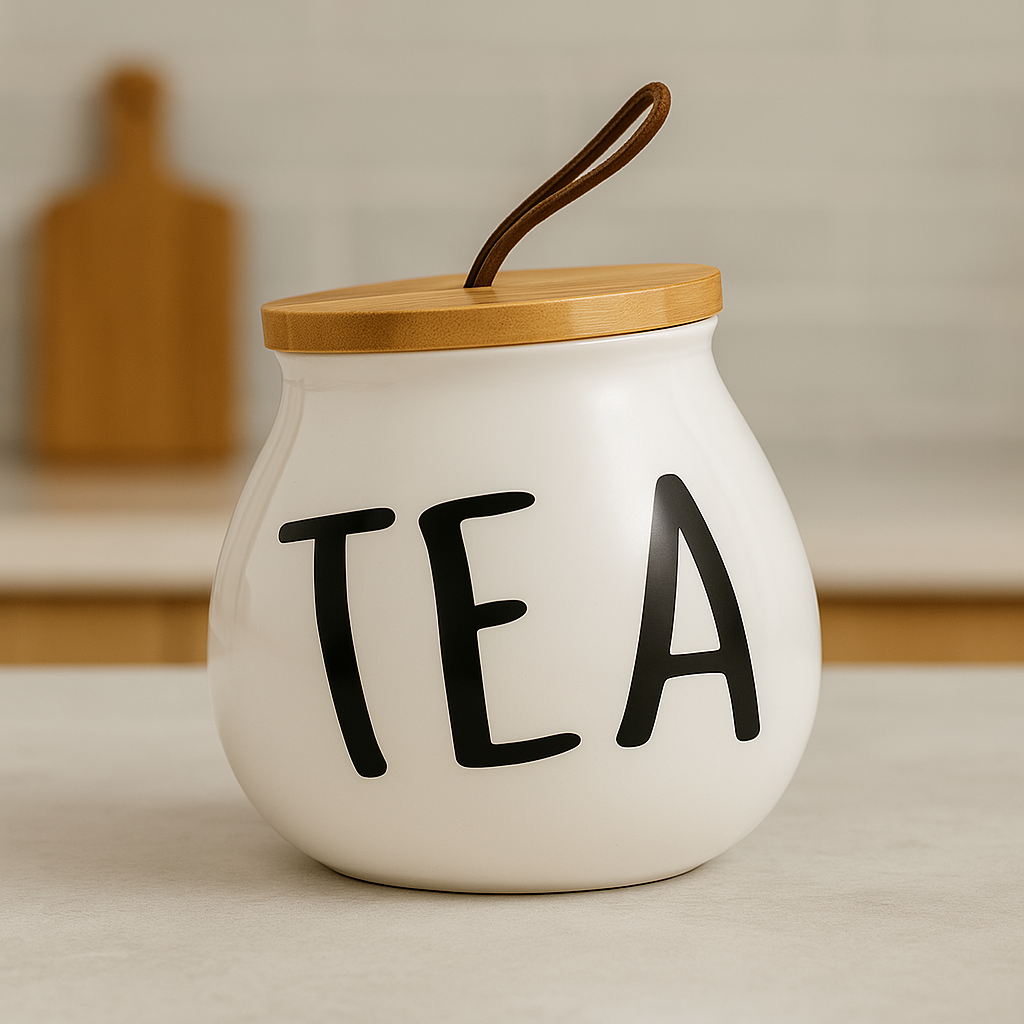 برطمان TEA بورسلين ابيض بغطاء خشبي 1 حبه