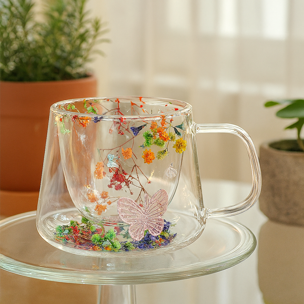 كوب زجاج بيركس دبل جلاس ورد و فراشه 2*1 250 ml