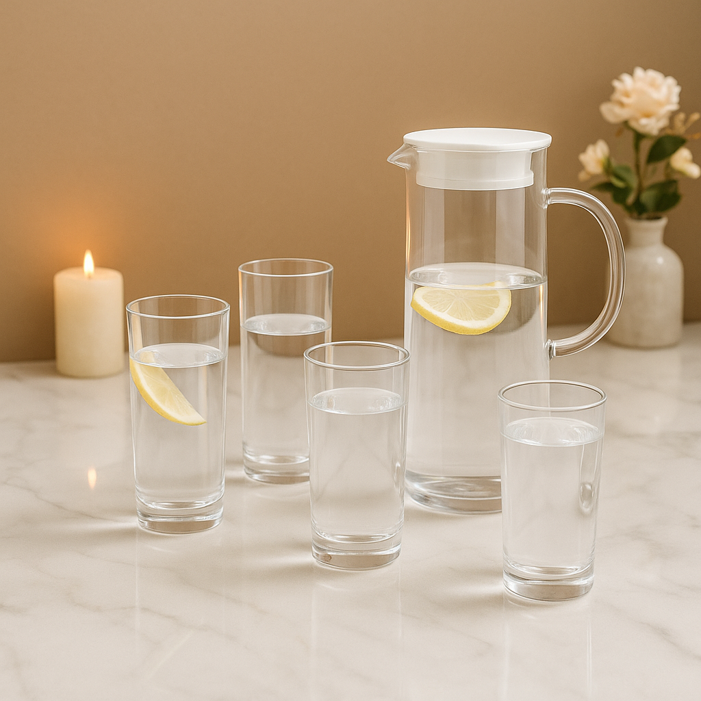 طقم ابريق وعصائر زجاج ساده باكواب طويله 5*1
