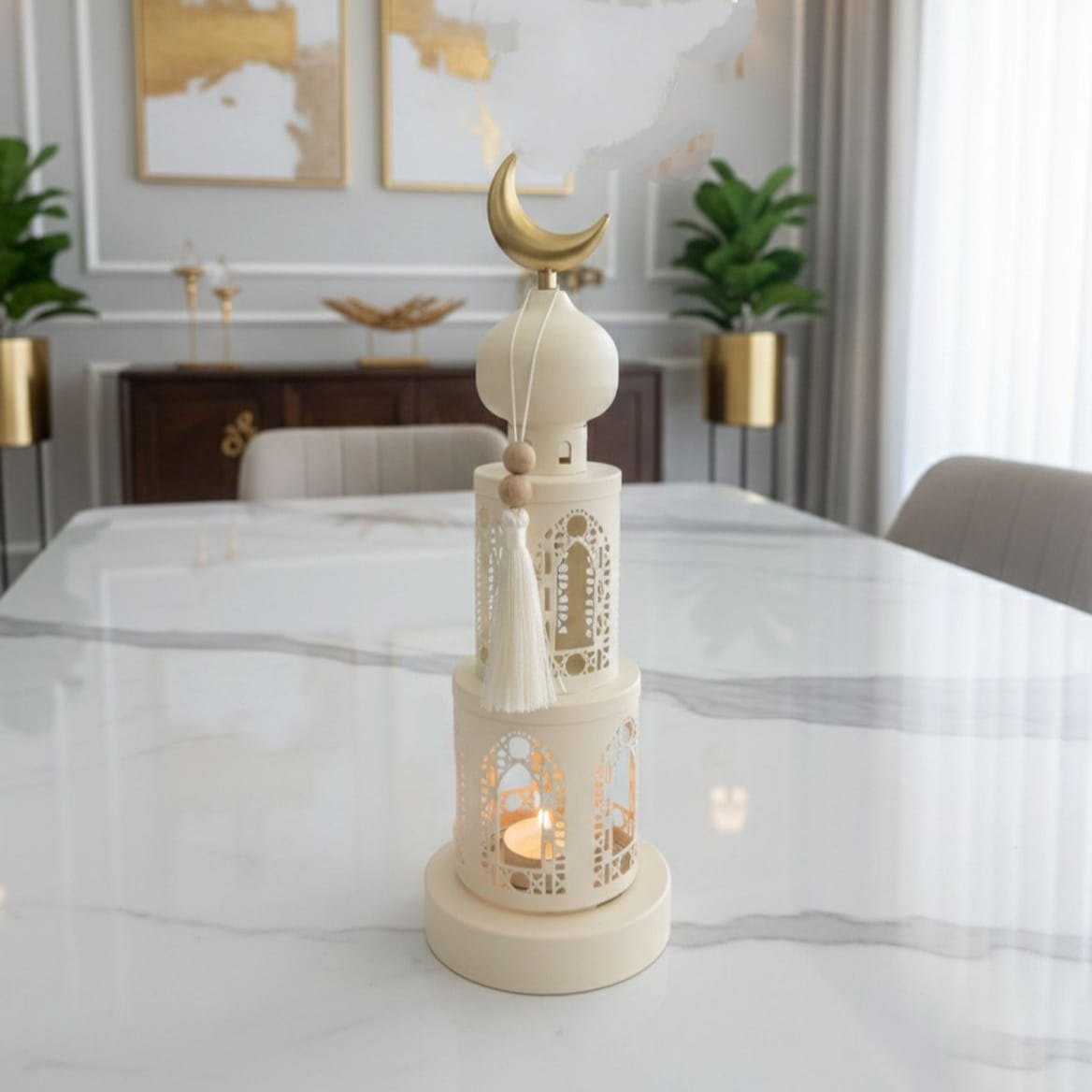 فانوس رمضان 2 دور مزخرف بنقوش اوف وايت 12*37 سم