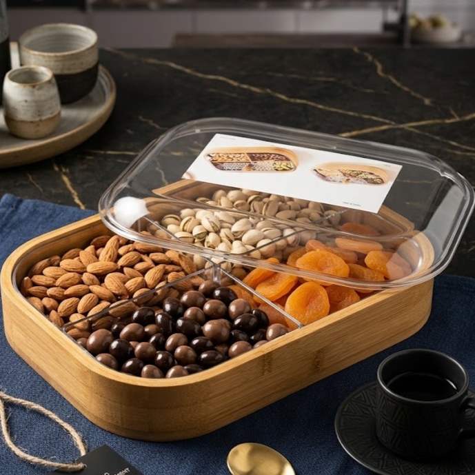 طبق تسالي  ومنظم  خشب غطاء اكريلك بيضاوي