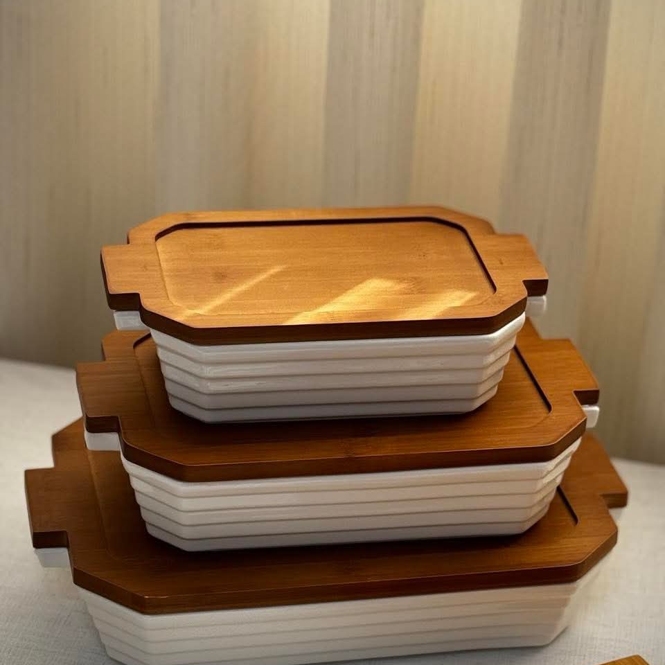 طاجن بورسلين ابيض مضلع غطاء خشب مستطيل 7.5*15*25.5