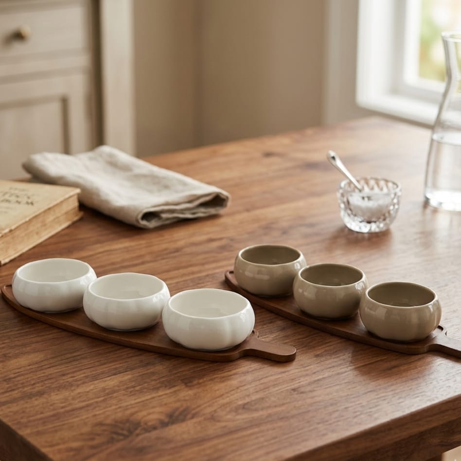 طقم تسالي بورسلين 3 عين مدور مموج بومبيه بقاعده خشب ورق شجر