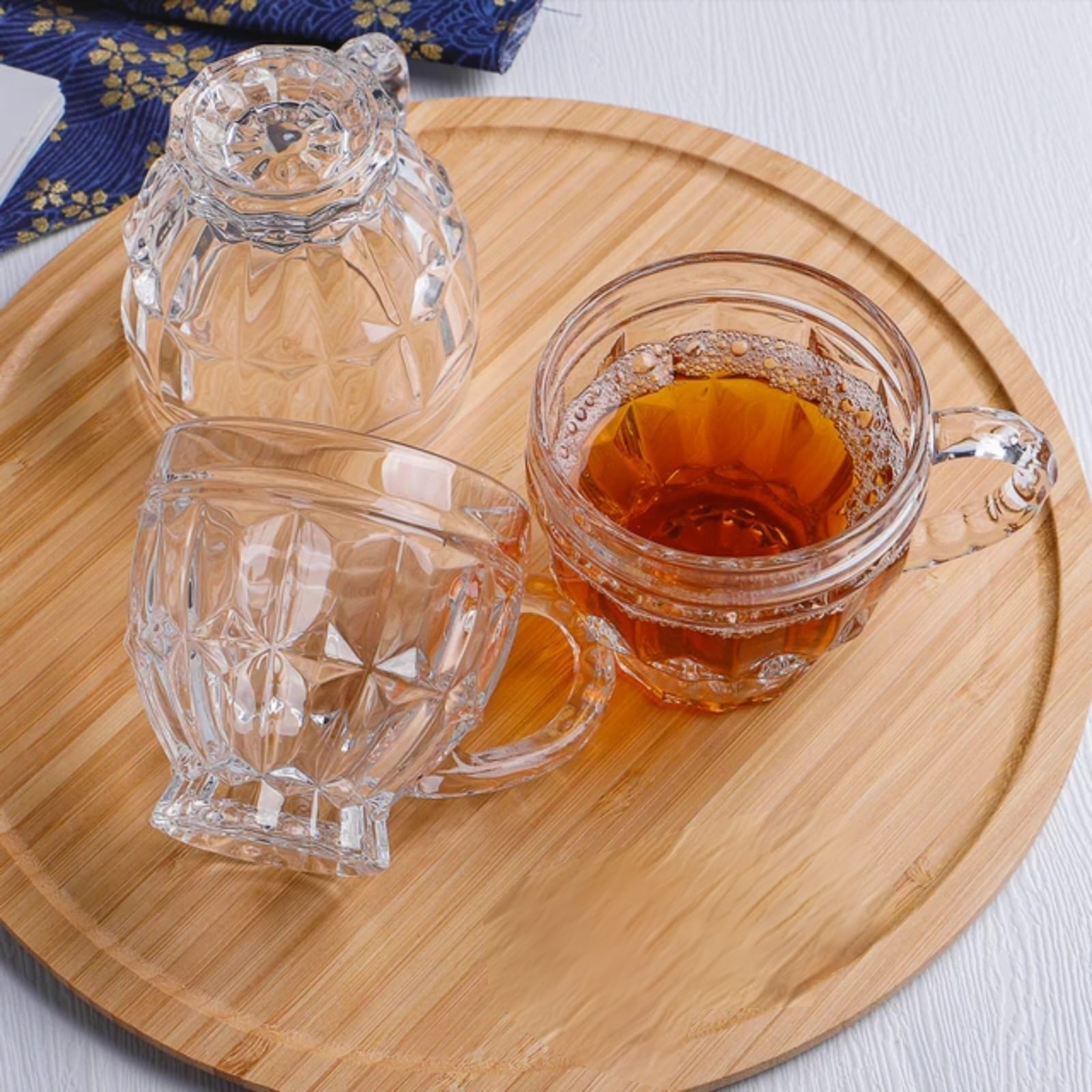 طقم مجات شاي 6 ق زجاج ابيض مضلع بارز