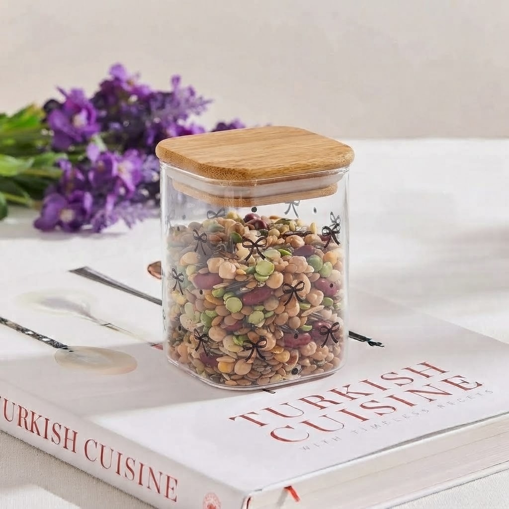 برطمان اكريلك مرسوم فيونكات اسود غطاء خشب