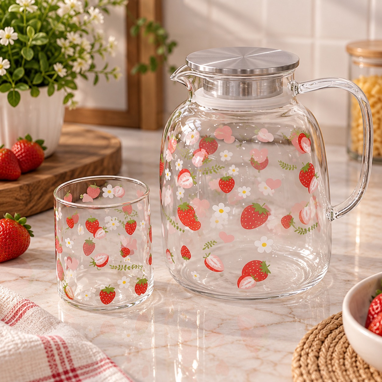طقم دورق زجاج ابيض غطاء سيلفر مرسوم strawberry